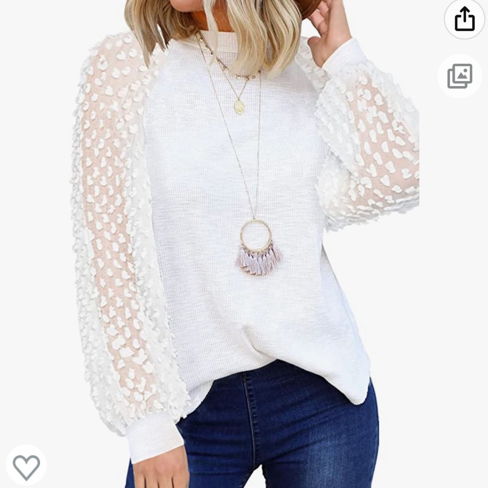 MIHOLL Womens White Long Sleeve Lace Sleeves Loose Waffle Knit Blouse Top